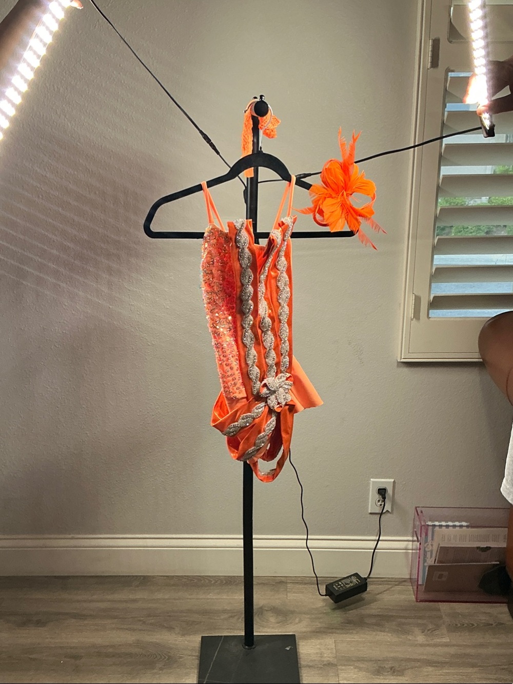 Girls Orange Competition Skater Dance Costume with Headpiece
